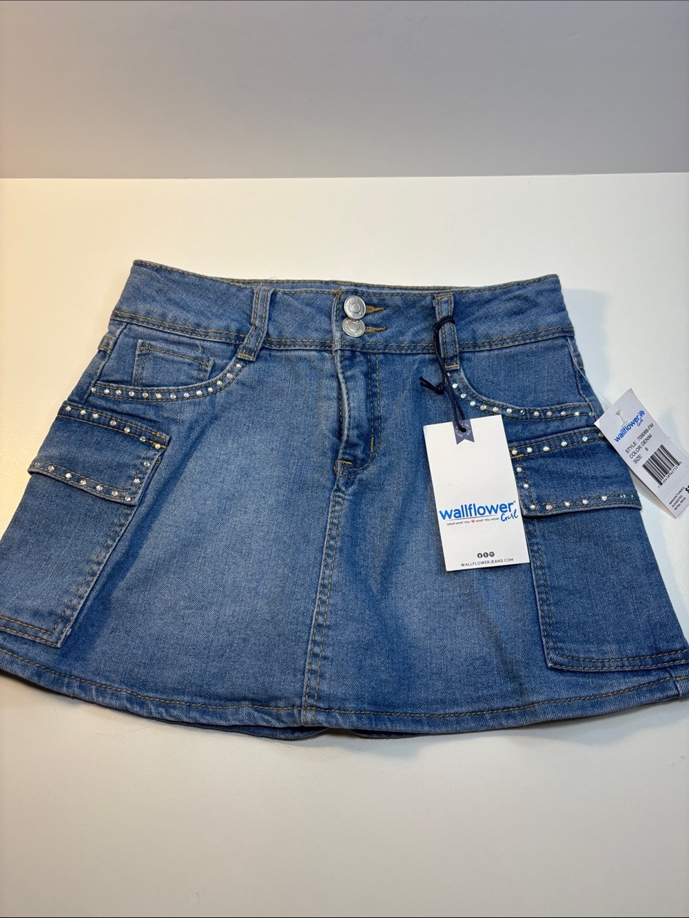 Wallflower Blue Stud-Trim Denim Mini Skirt skort-528sku